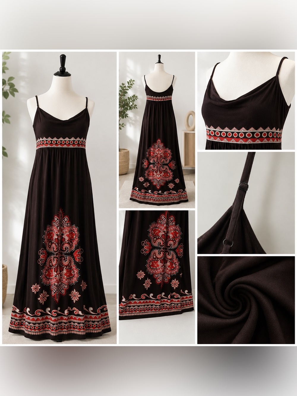 Boho Chocolate Maxi Dress with Red & White Paisley Print – 1X